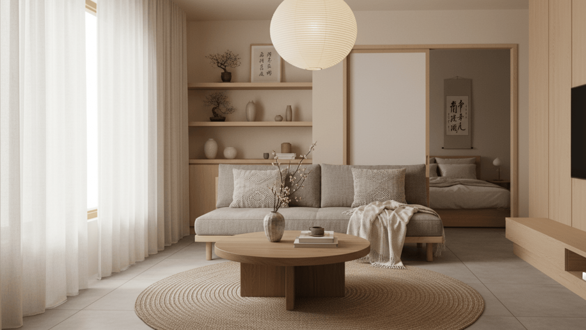 Japandi living room with soft lighting, paper lamp, warm glow, calm tones and simple cozy space design