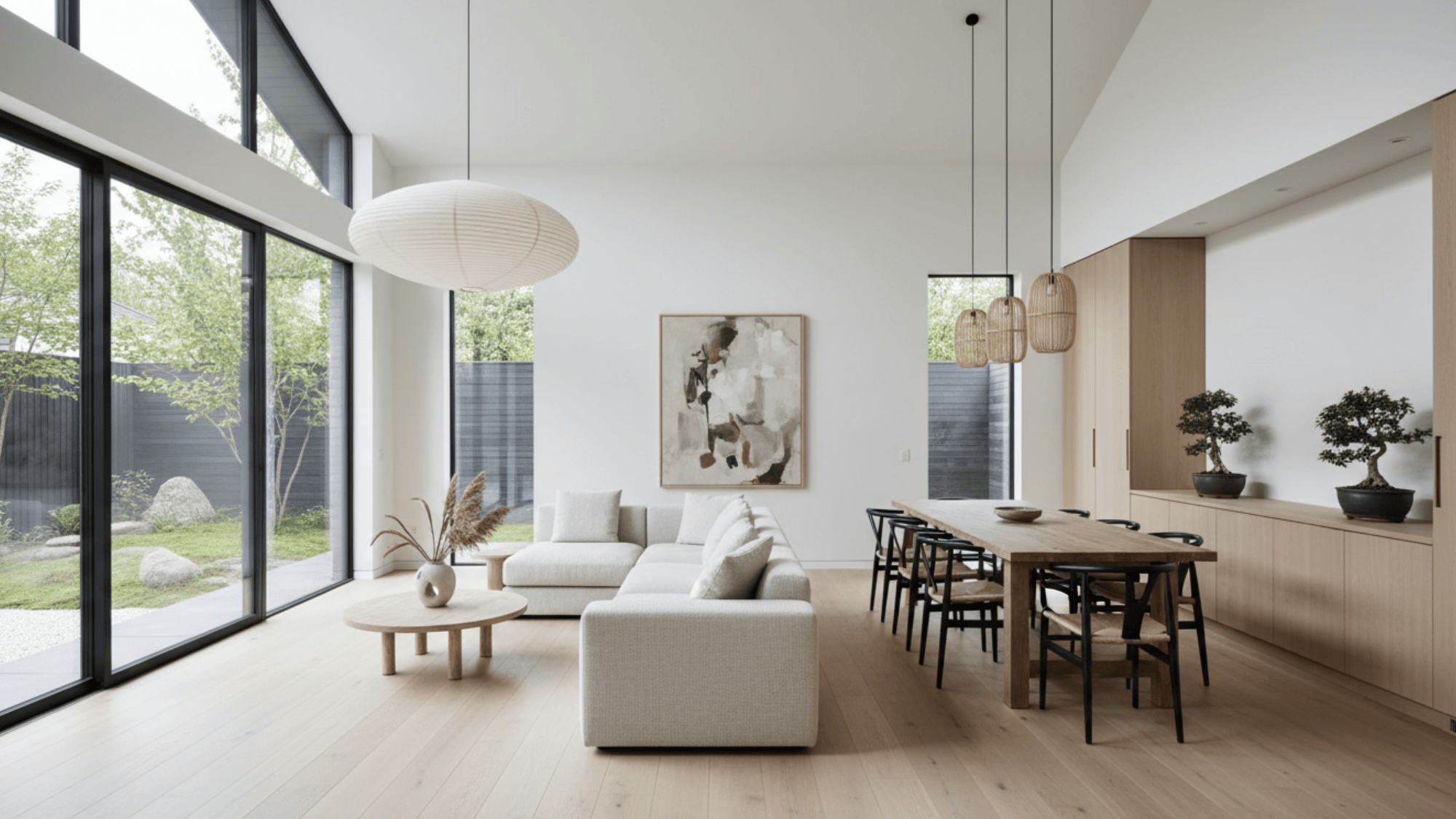 Japandi open space living room with clean layout, large windows, simple furniture and calm airy design