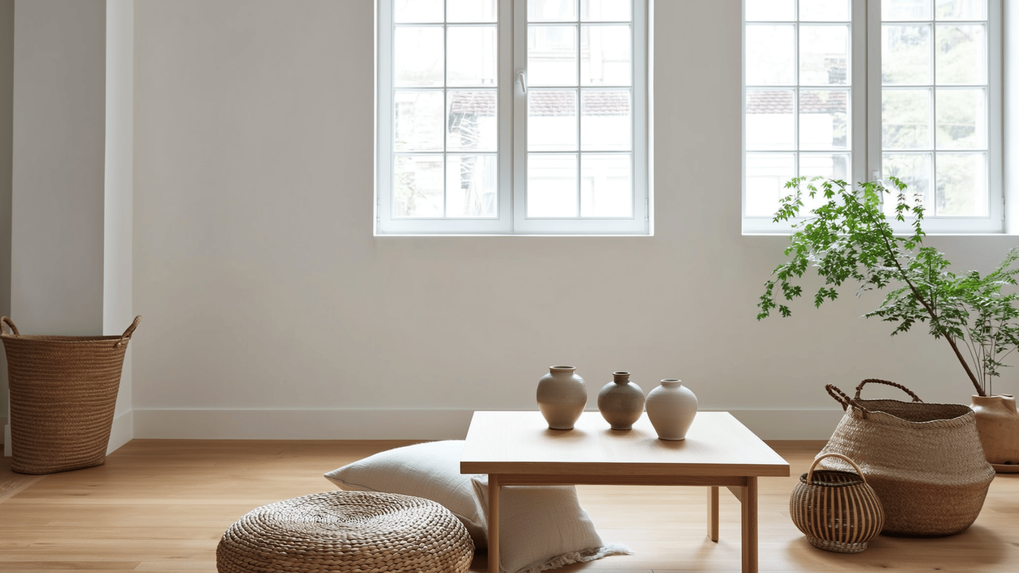 Japandi room with handmade decor, clay vases, woven basket, low table and simple calm natural style