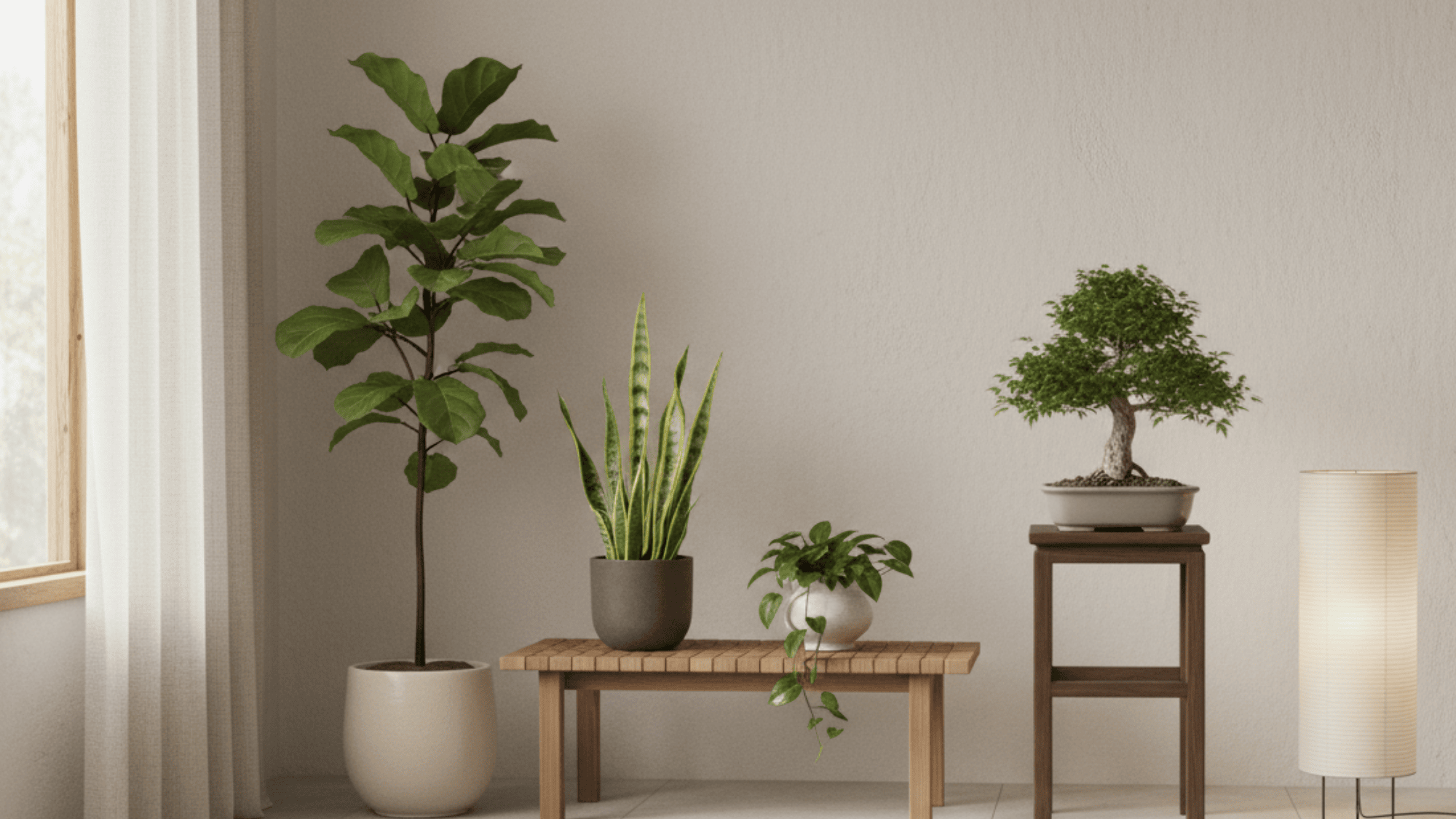 Japandi space with indoor plants, simple wood bench, soft tones and calm natural fresh decor design