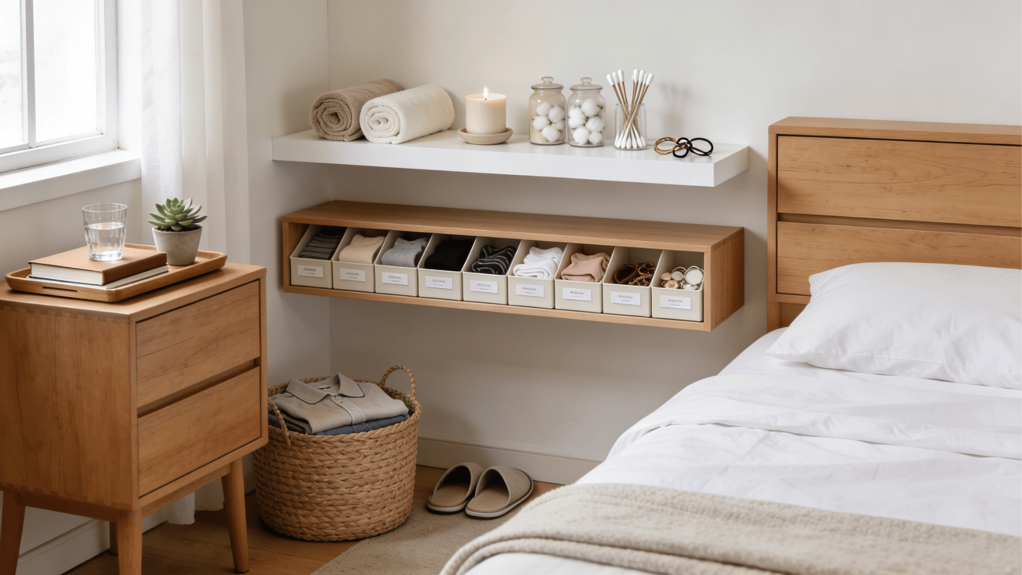 keep daily items accessible on shelves and bedside for easy reach and neat bedroom organization (1)