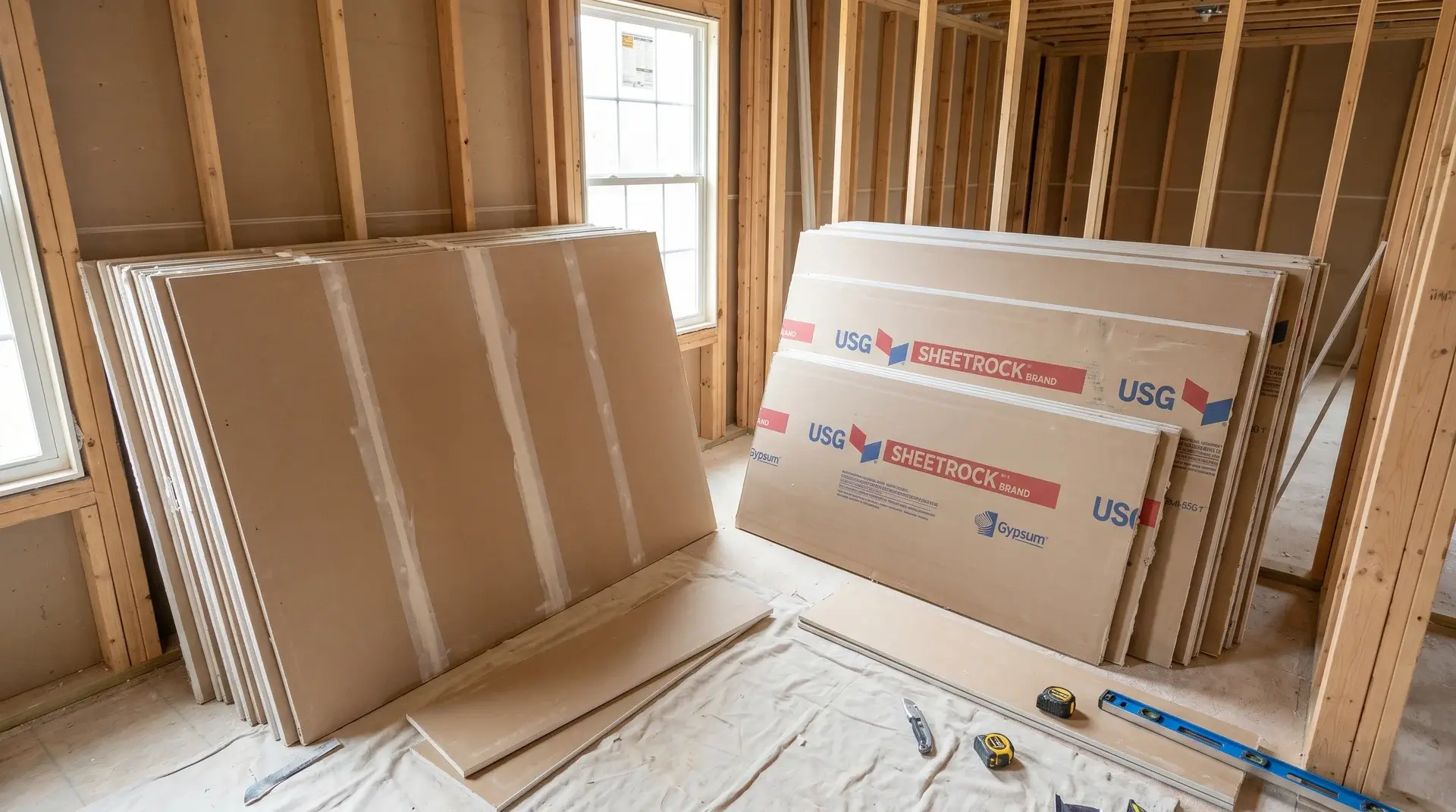 Drywall and Sheetrock panels displayed in a residential renovation space during wall installation.