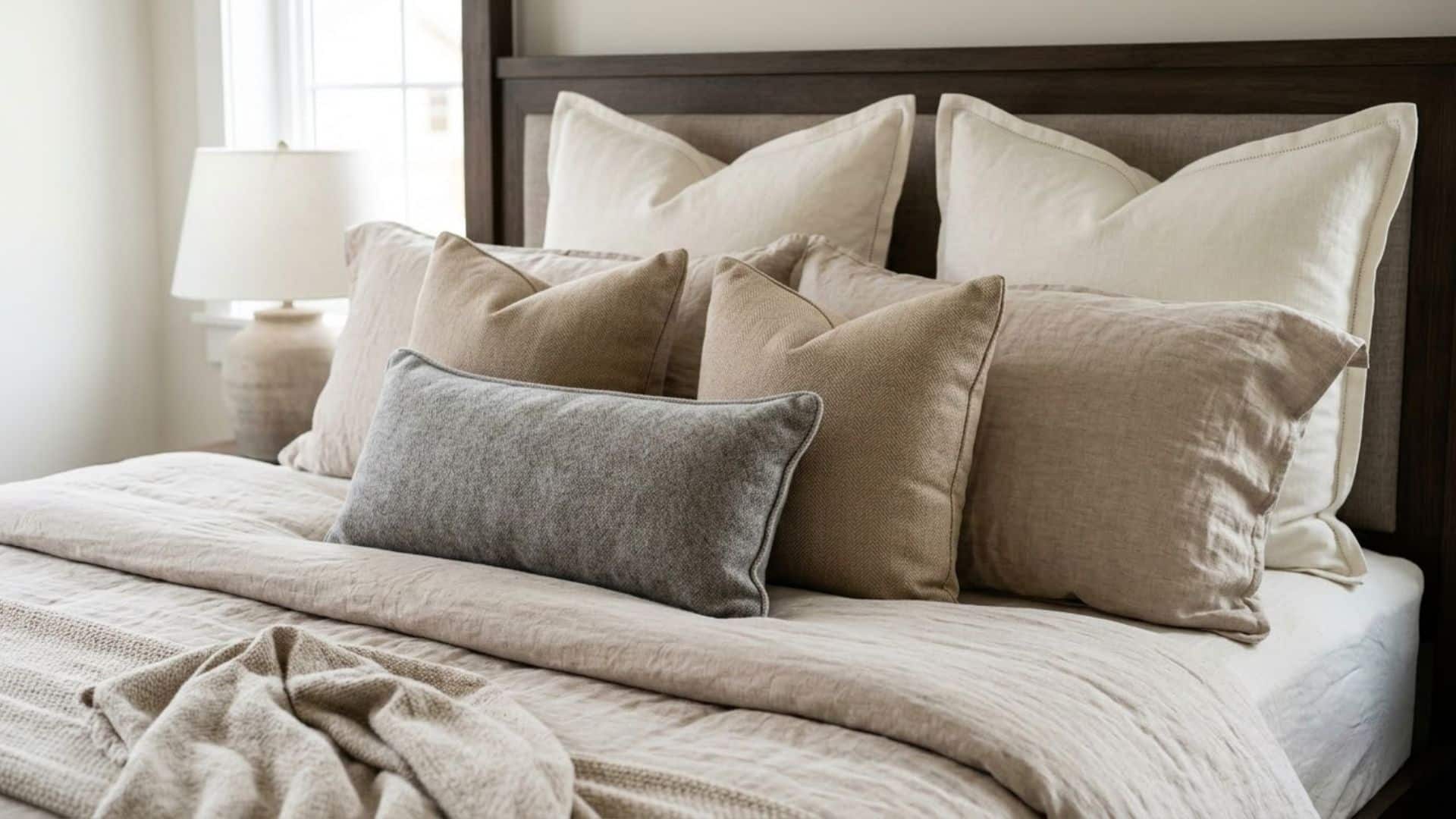 king bed pillow arrangement with layered neutral pillows and lumbar cushion on upholstered headboard in soft beige bedroom setting