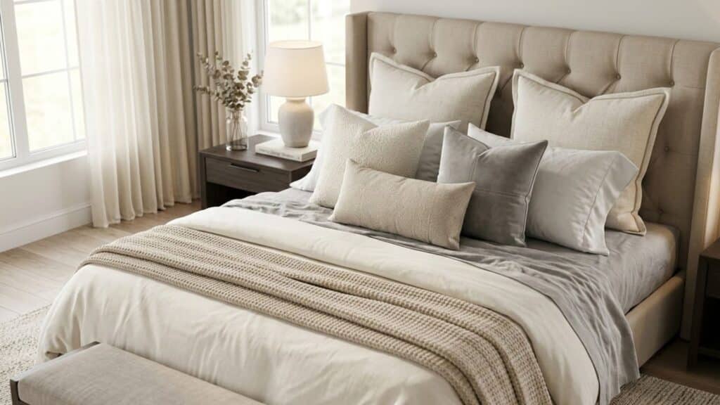king bed pillow arrangement with layered neutral cushions on tufted headboard in bright beige bedroom with bedside table and lamp