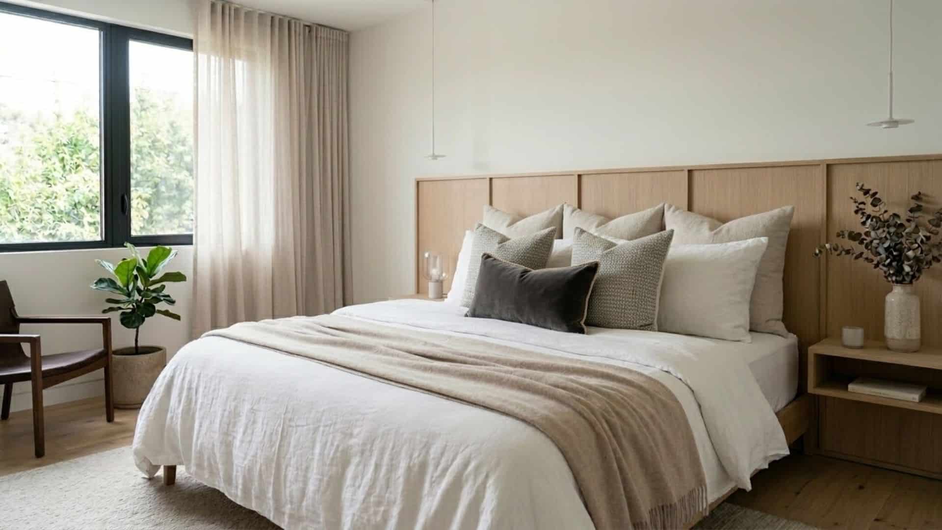 king bed pillow arrangement with layered neutral cushions on wooden headboard in bright minimalist bedroom near window plant