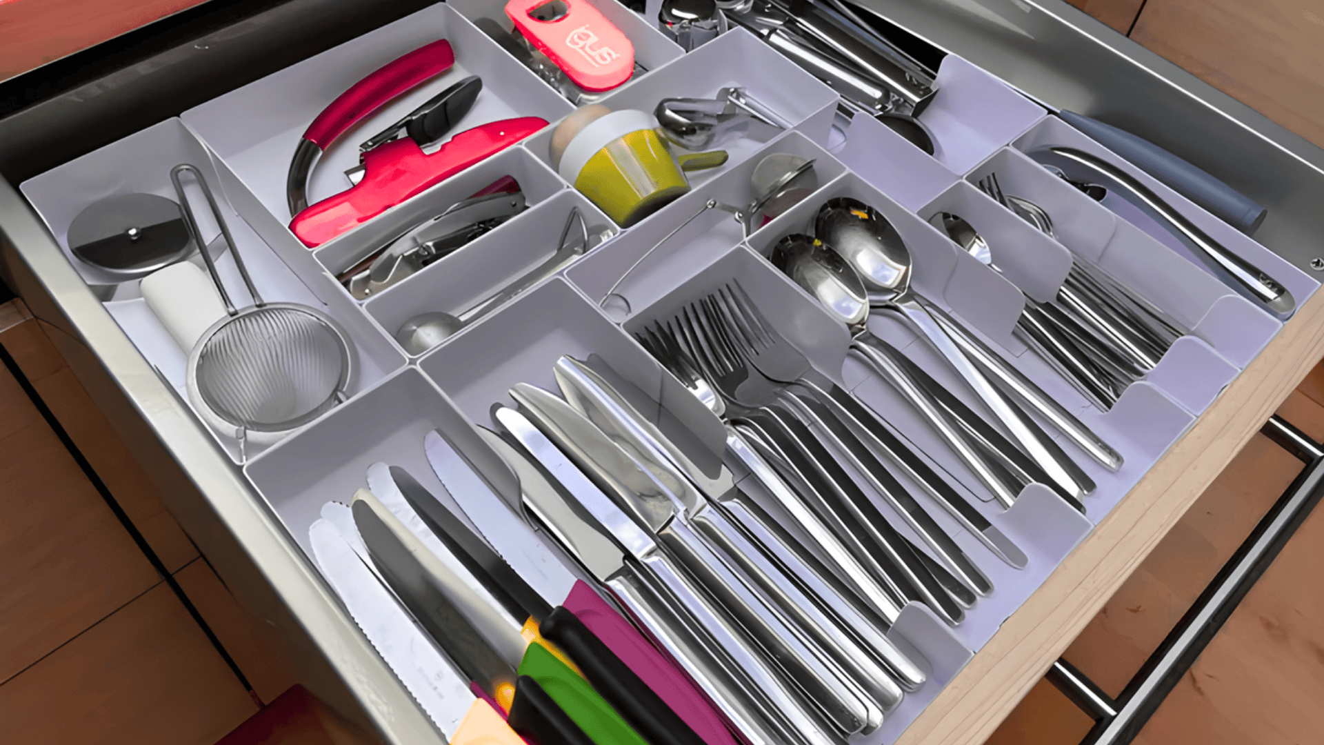 kitchen drawer with white organizer compartments holding utensils and tools showing how to organize kitchen drawers efficiently