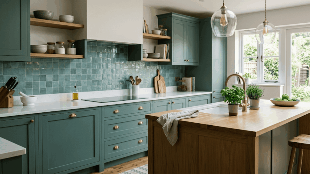Kitchen with green and teal tones on cabinets, tiles and decor showing analogous color design idea