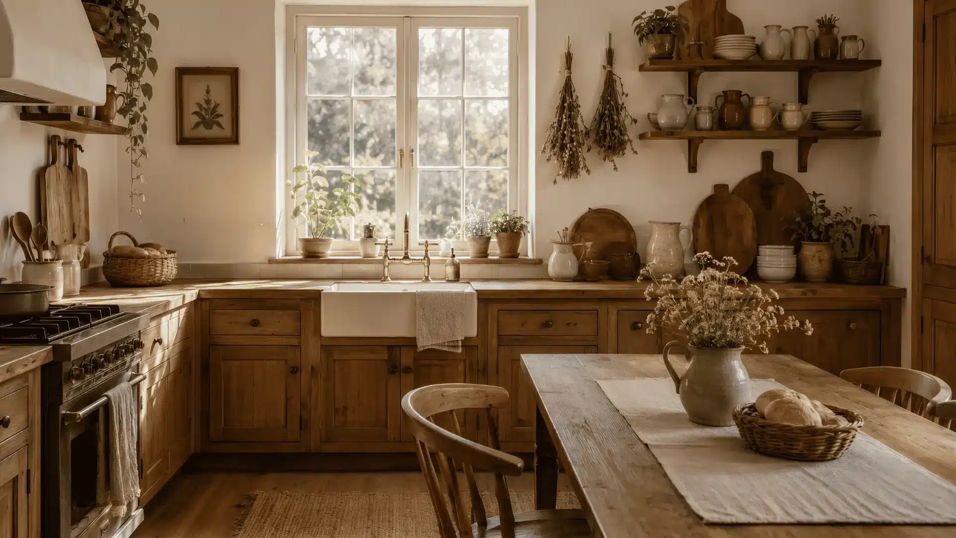 Full cottagecore kitchen with wooden shelves, dried herbs, ceramic dishes, and herb pots