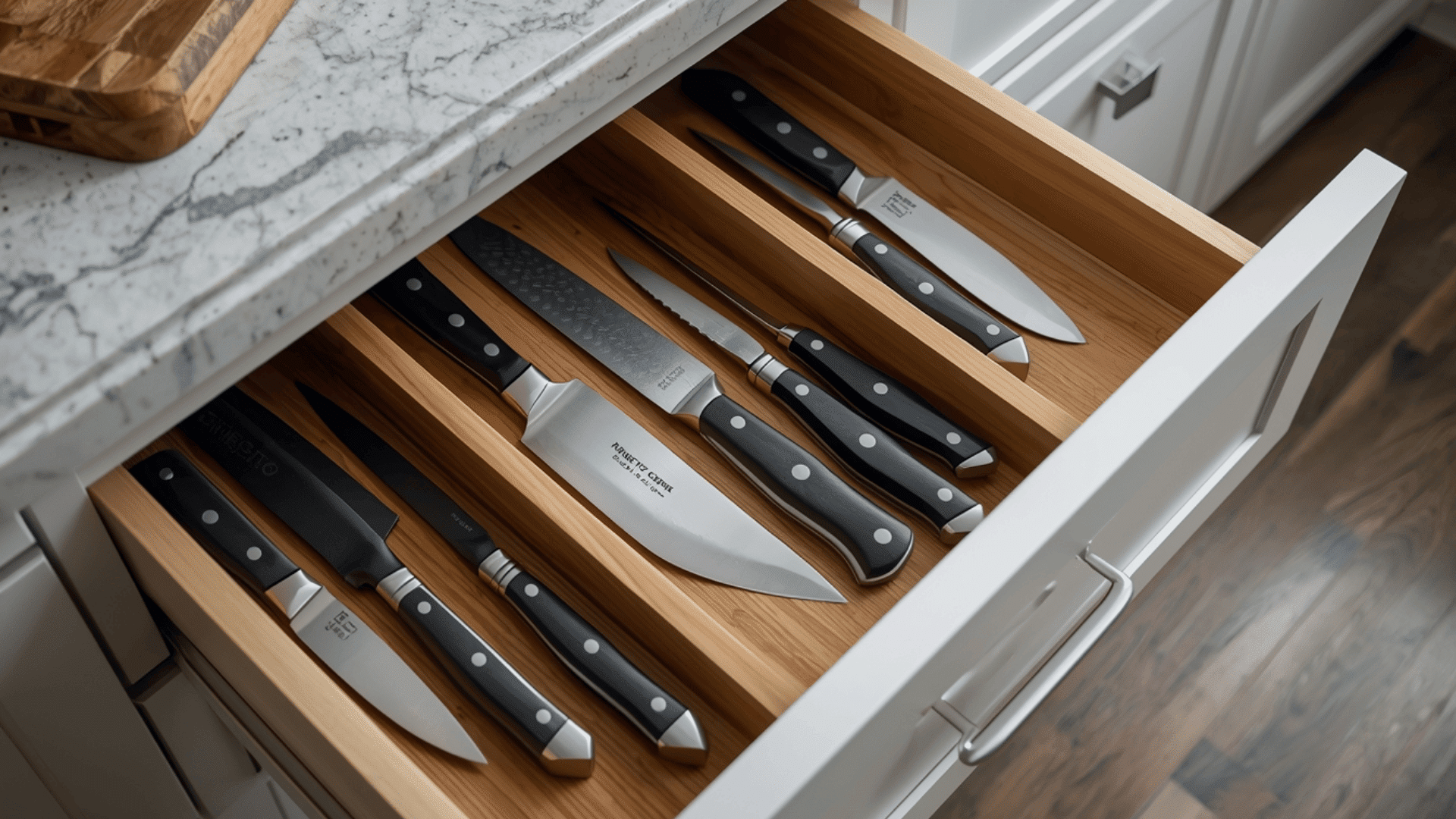 knife set neatly arranged in wooden drawer organizer showing how to organize kitchen drawers safely and efficiently