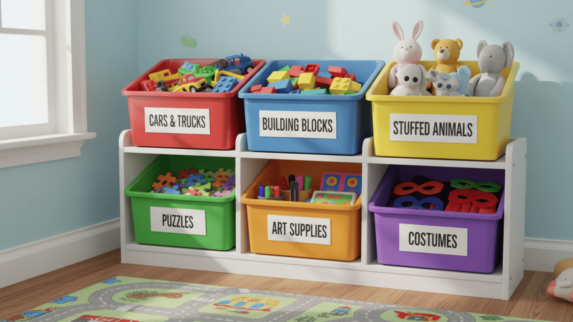 label based sorting bins for playroom storage ideas with toys neatly organized in colorful containers