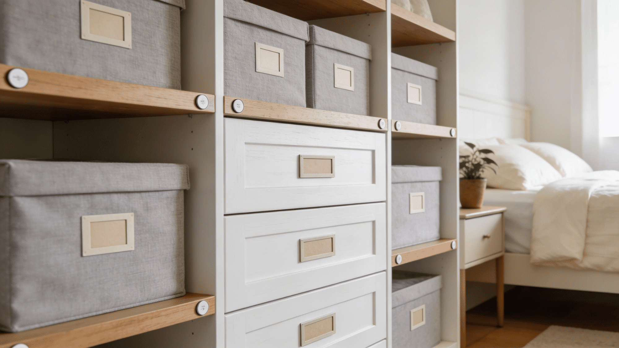 label everything on storage boxes and drawers to keep bedroom items easy to find and organized