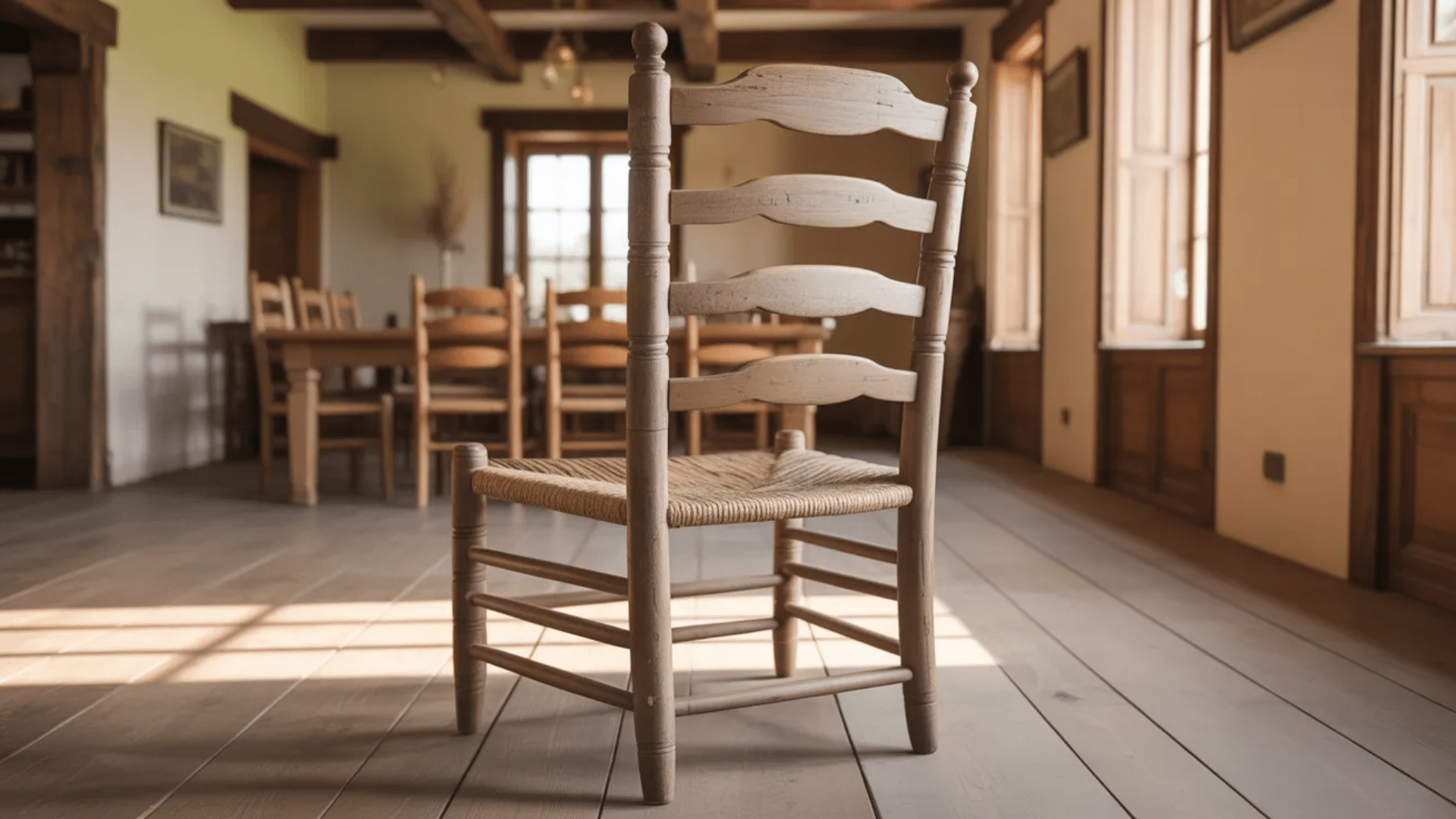 ladderback chair with horizontal slats across the back and sturdy wooden frame in rustic traditional style