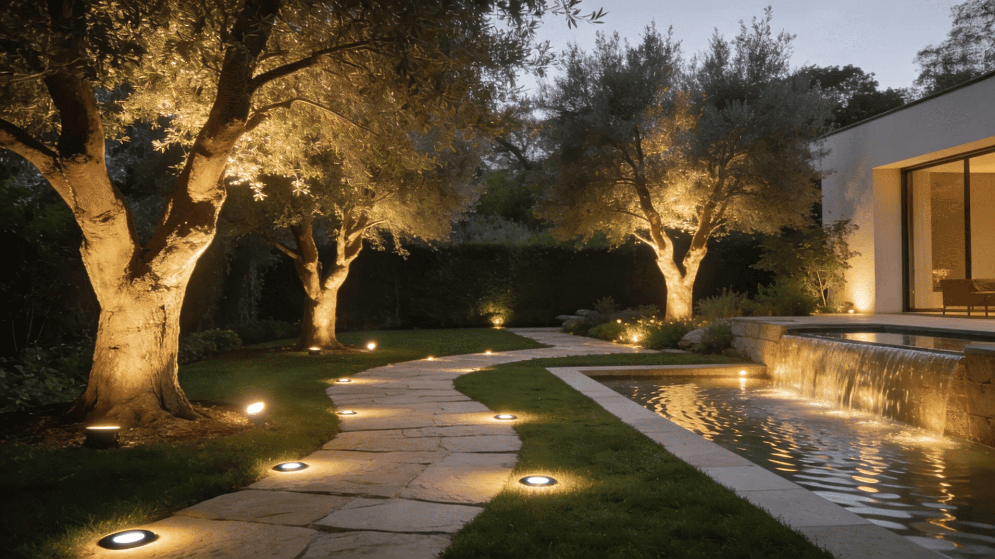 landscaped garden with trees lit from below and water feature creating serene night scene