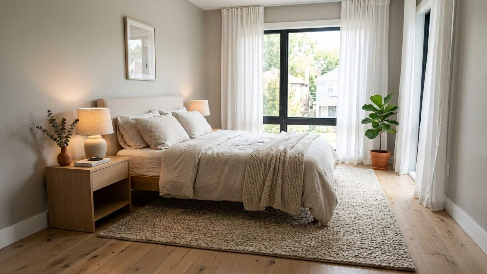 large area rug under bed in front of window with neutral decor cozy balanced bedroom layout design idea