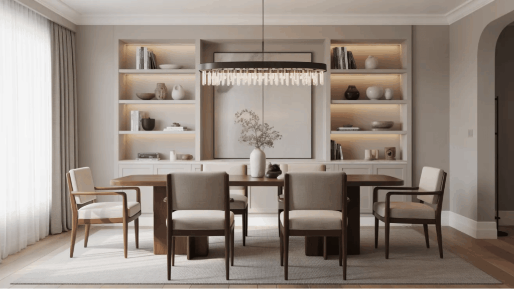 large dining table with upholstered chairs and illuminated shelving in a balanced and stylish transitional dining room