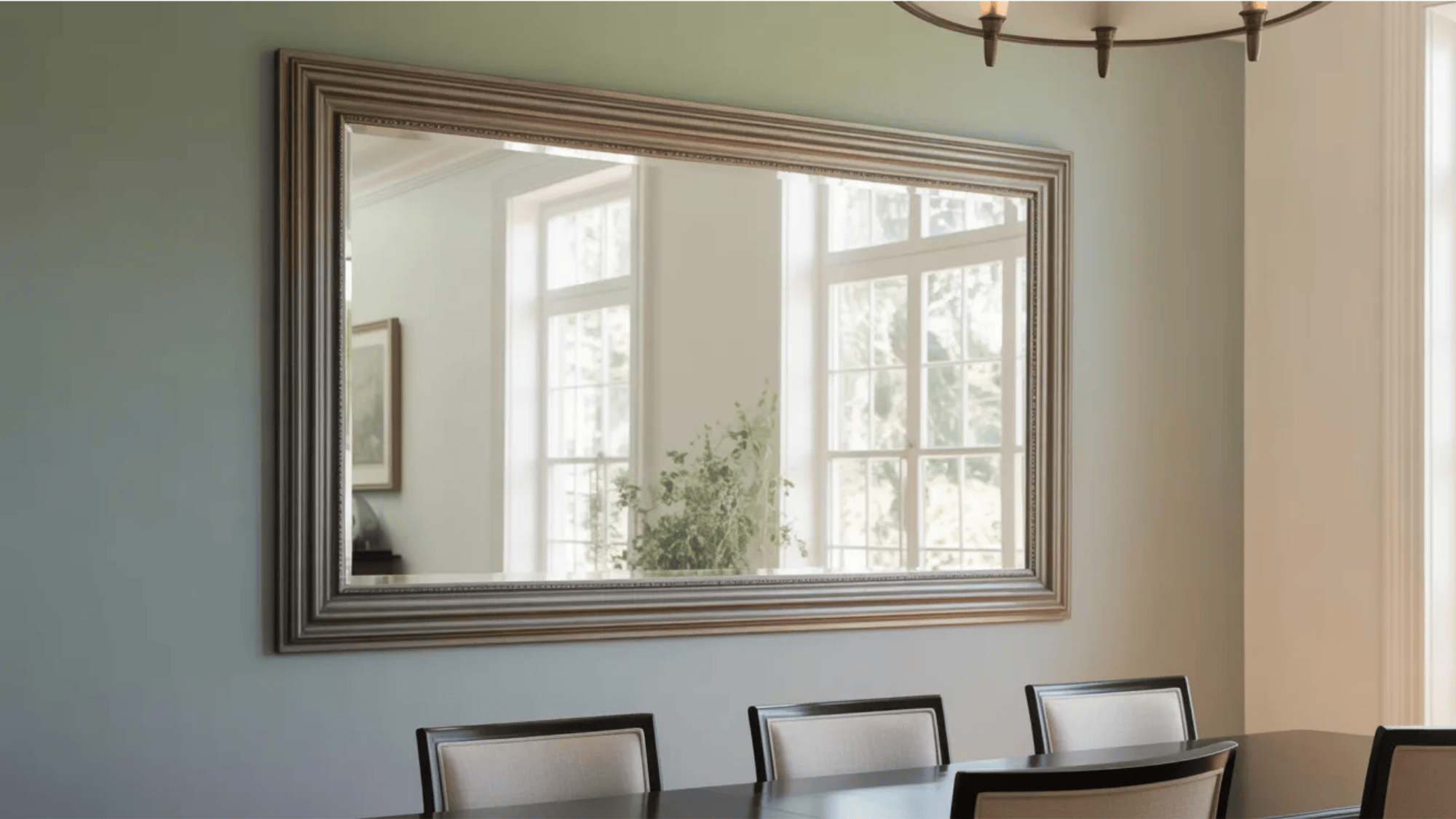 large framed wall mirror reflecting windows and light above dining chairs in a bright and airy transitional dining room