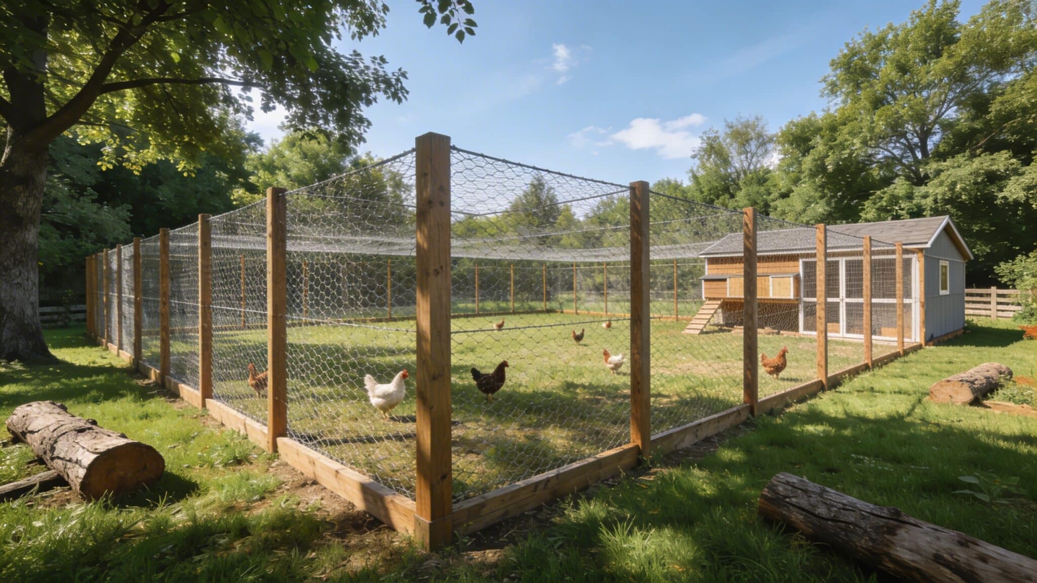 large free range chicken run with wide fenced area wooden posts wire mesh enclosure open grass space and coop in a spacious backyard with trees
