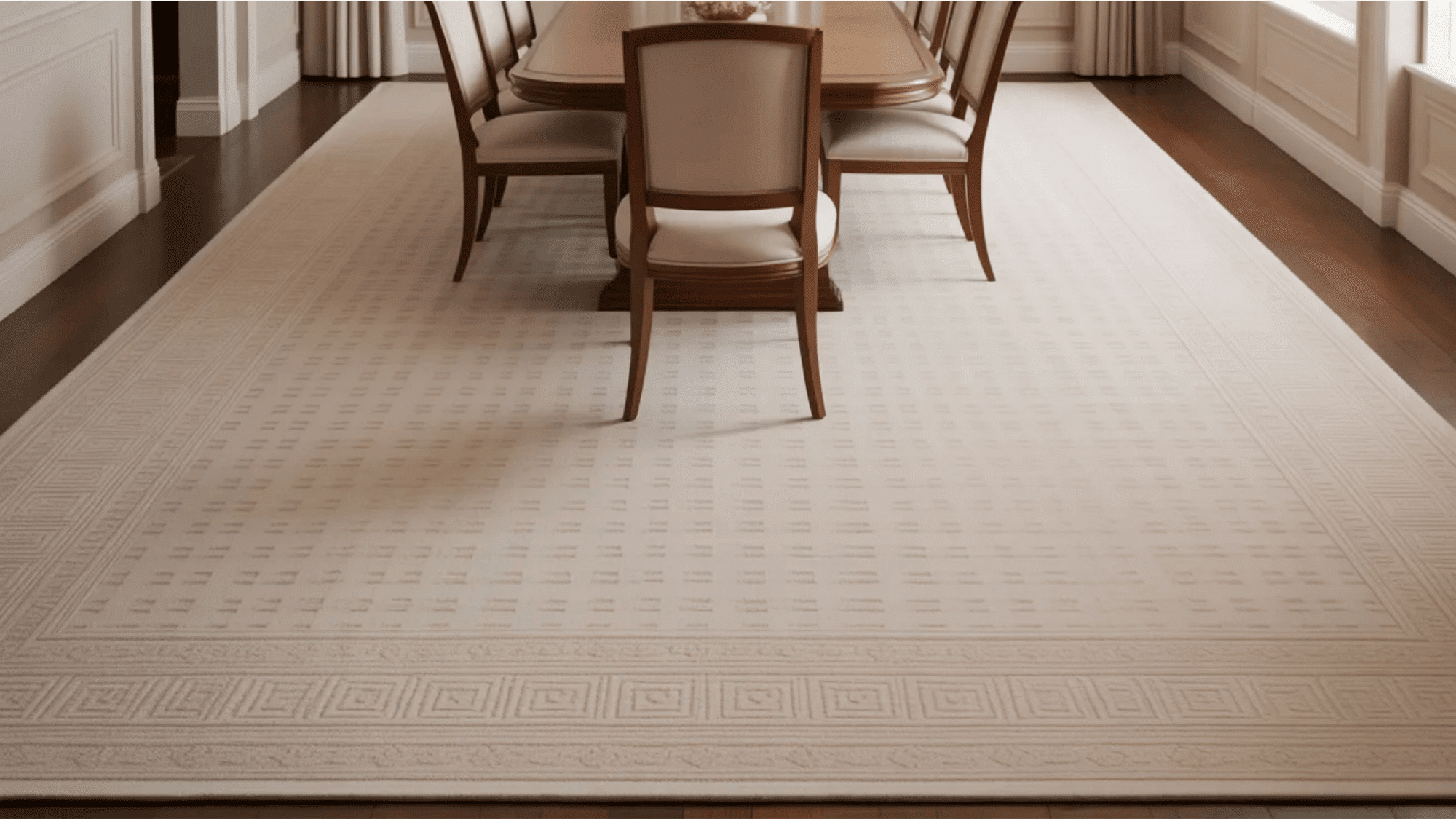 large patterned area rug placed beneath wooden dining table defining the space in a refined transitional dining room