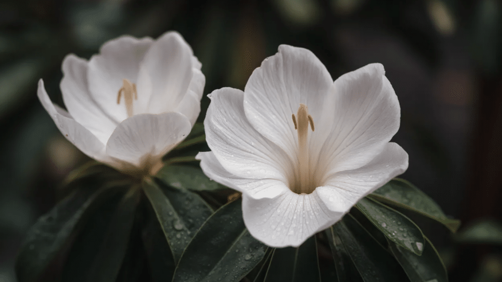 large white night blooming flowers open against a dark background with soft petals and visible yellow center