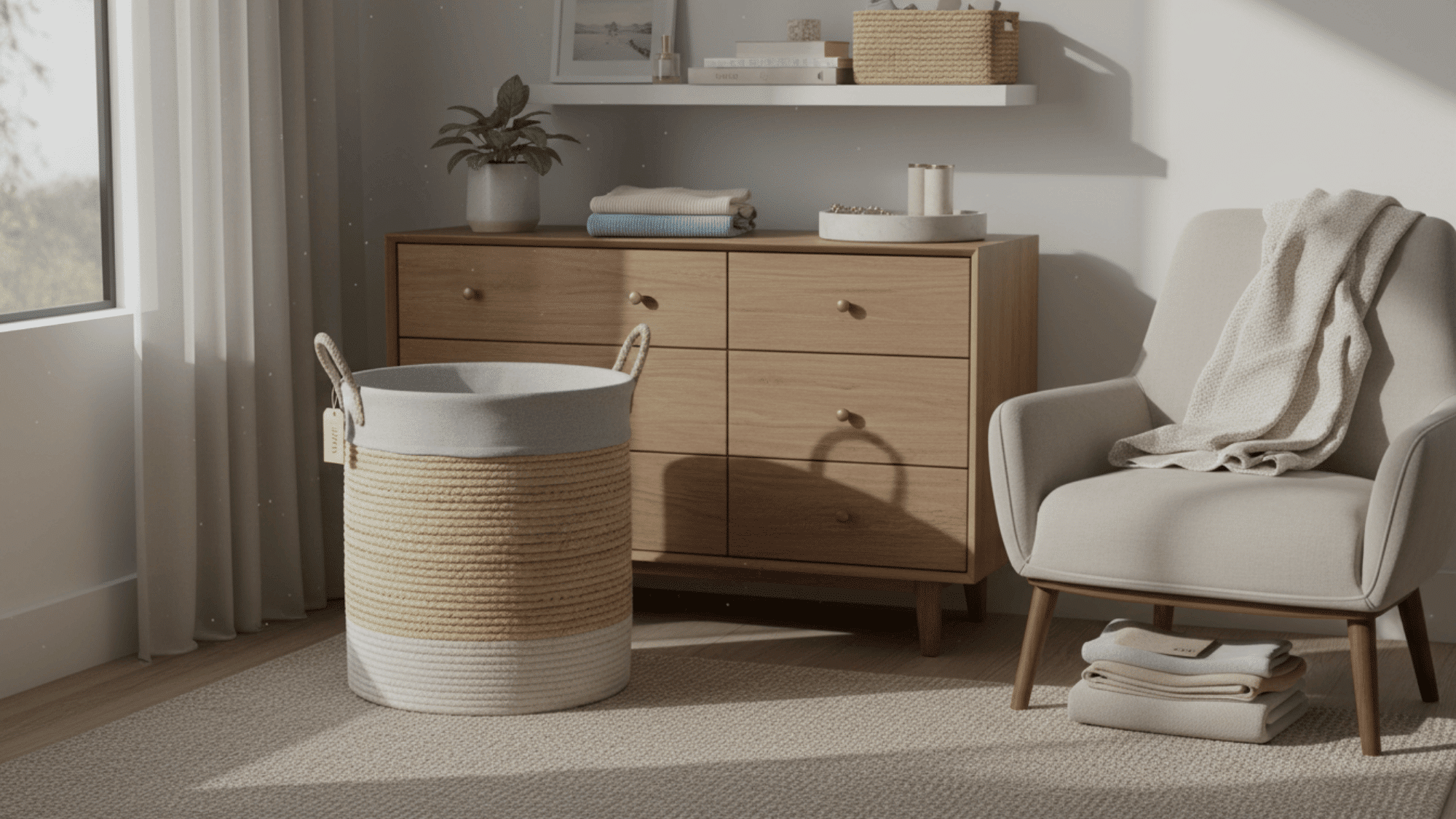 laundry hamper with folded clothes near dresser for simple bedroom organization ideas