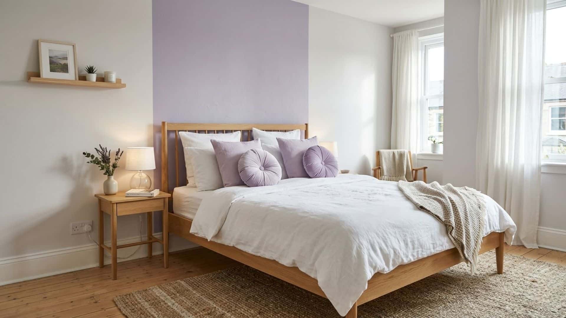 lavender accent wall bedroom with soft white bedding light wood furniture calm relaxing bedroom interior