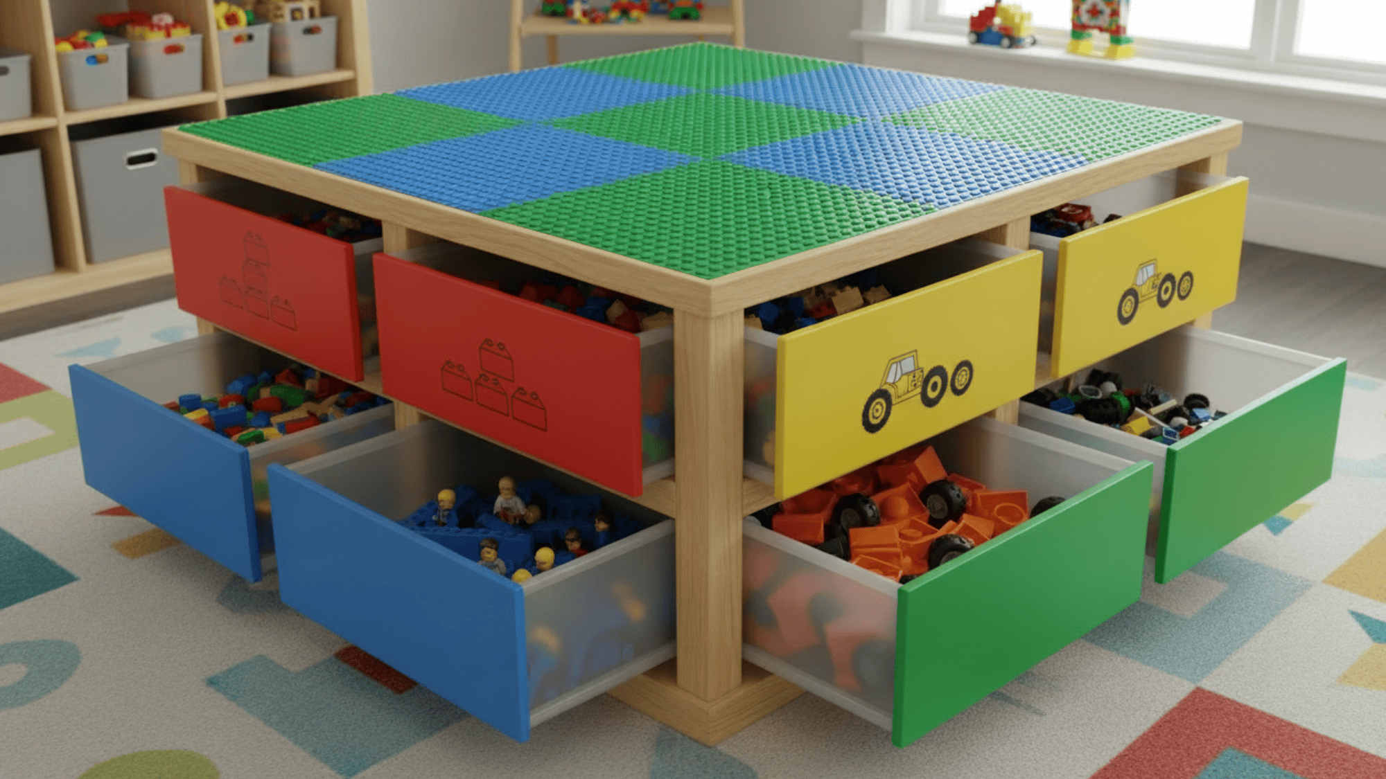 lego table with drawers for kids blocks toys and parts in neat and organized playroom storage setup