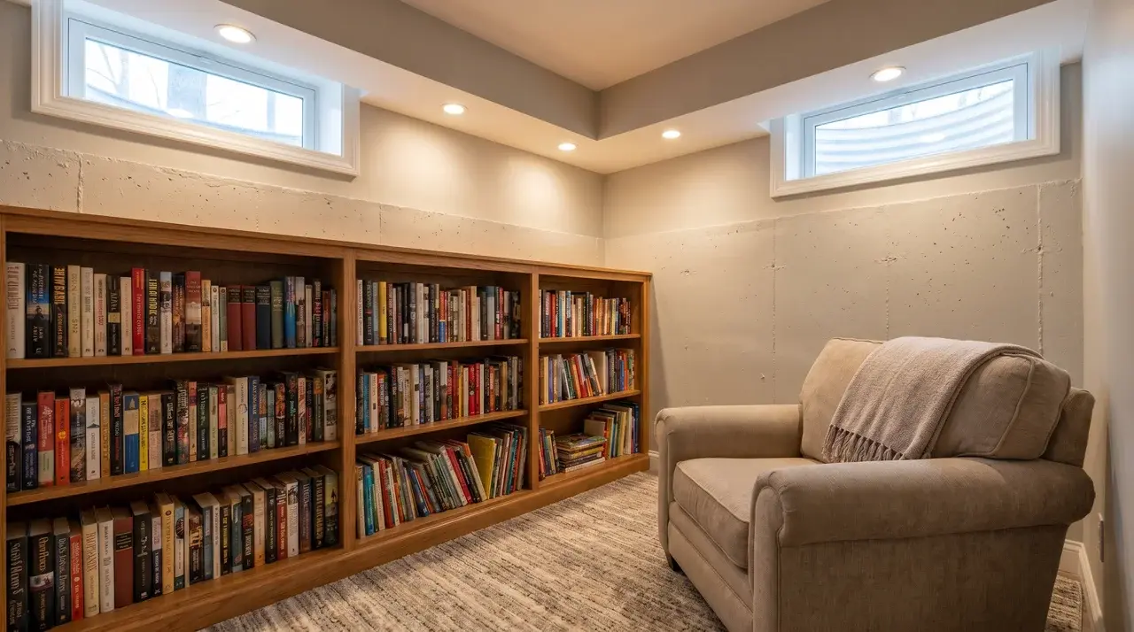 Basement reading nook with bookshelves and elevated windows