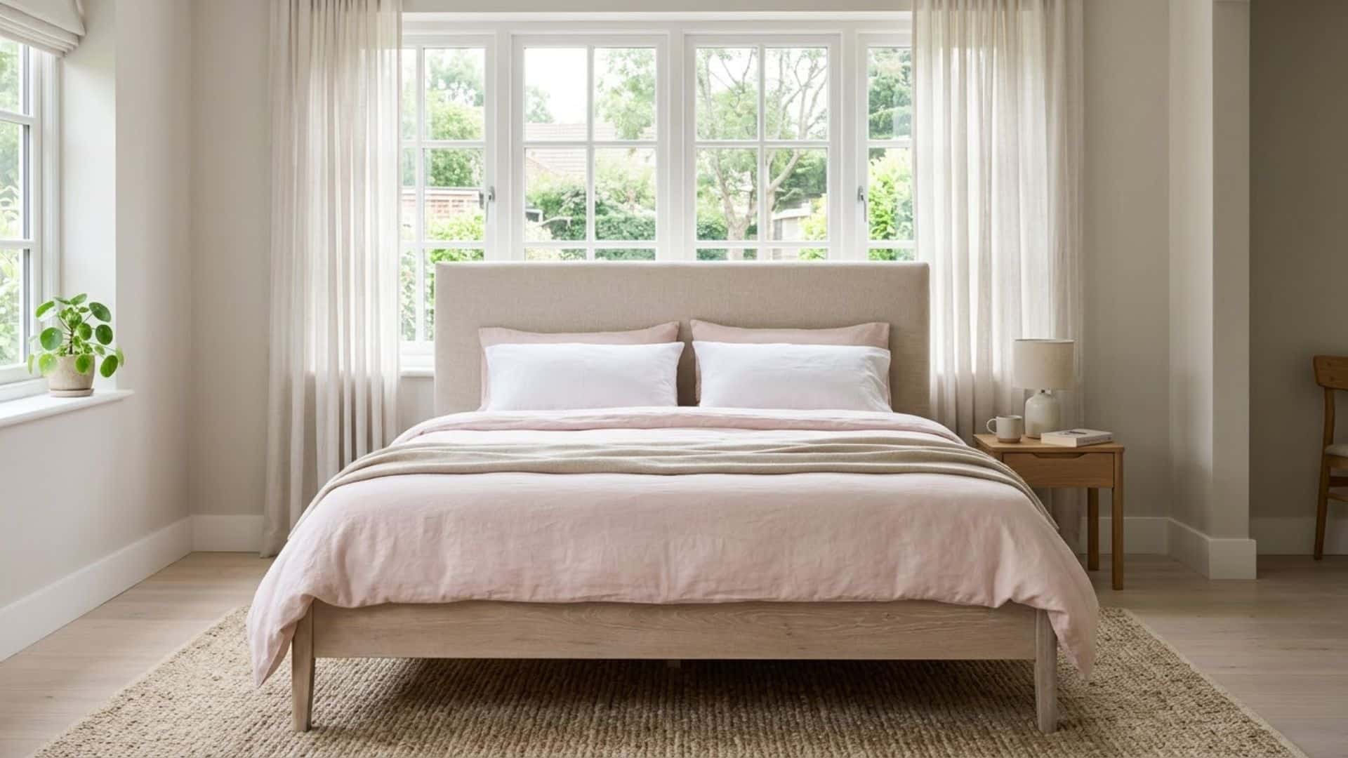 light fabric headboard in front of window with ivory bedding soft light minimal pillows bright airy bedroom design