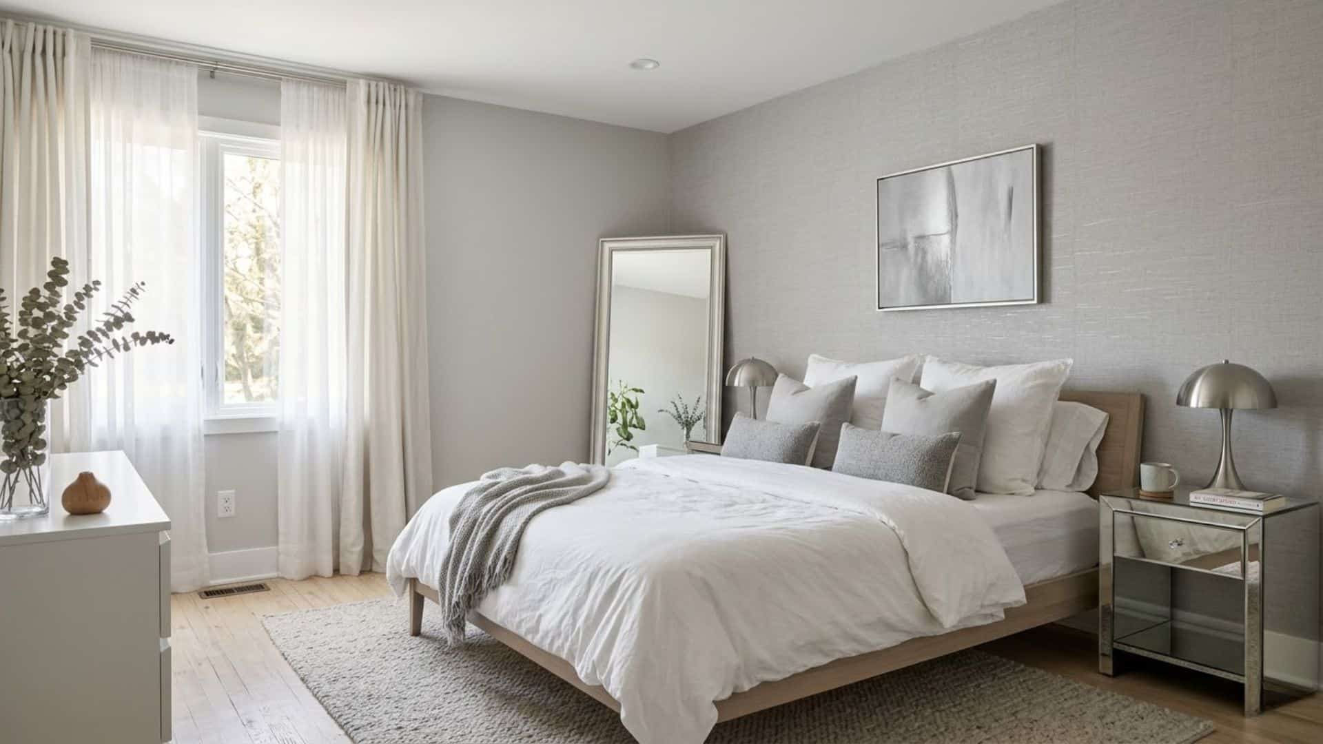 light gray bedroom with silver mirror metallic lamp and modern minimal interior bedroom design