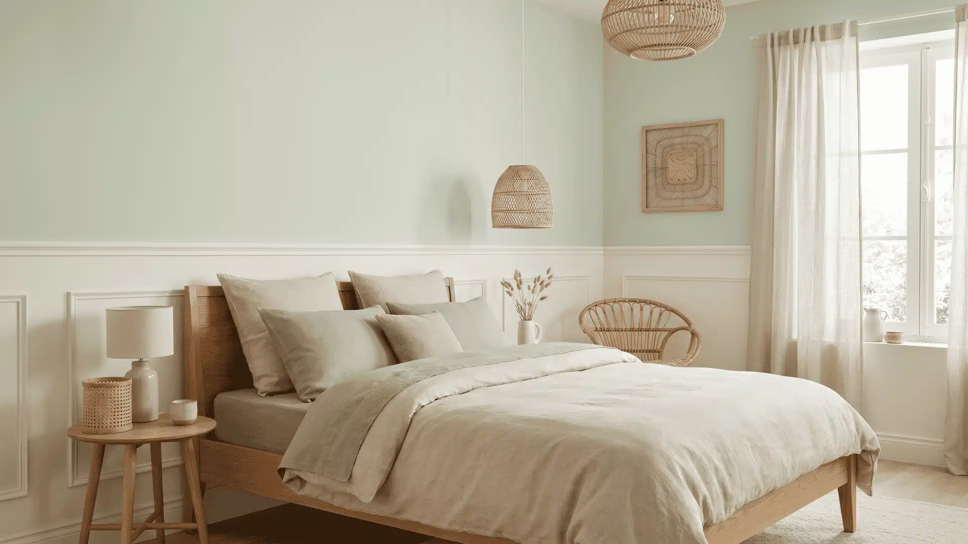 Bedroom with walls combining light sage and cream, featuring wood furniture, linen bedding, and rattan decor from corner perspective