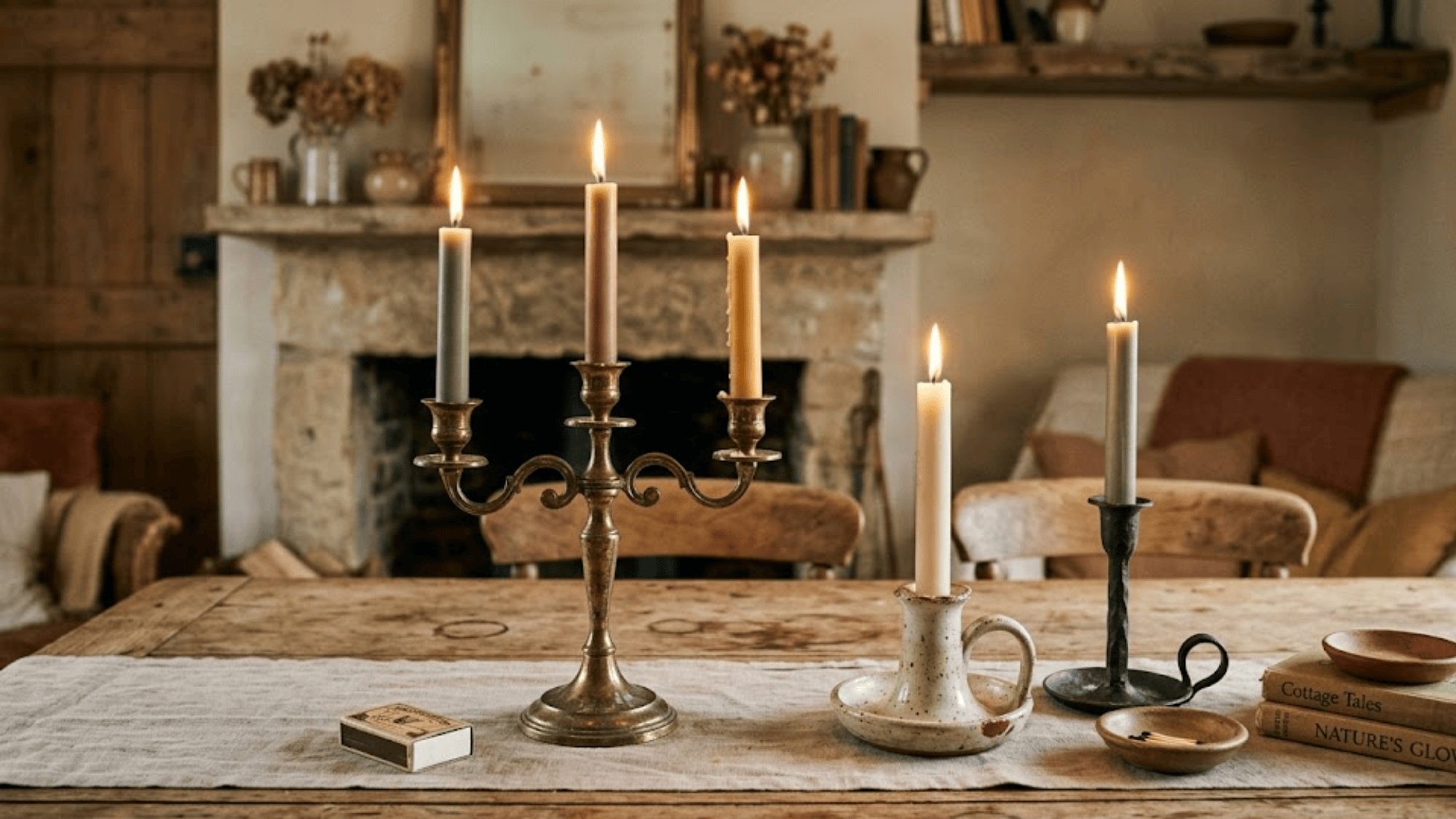 lit candles on wooden table in rustic living room warm cozy farmhouse evening setting