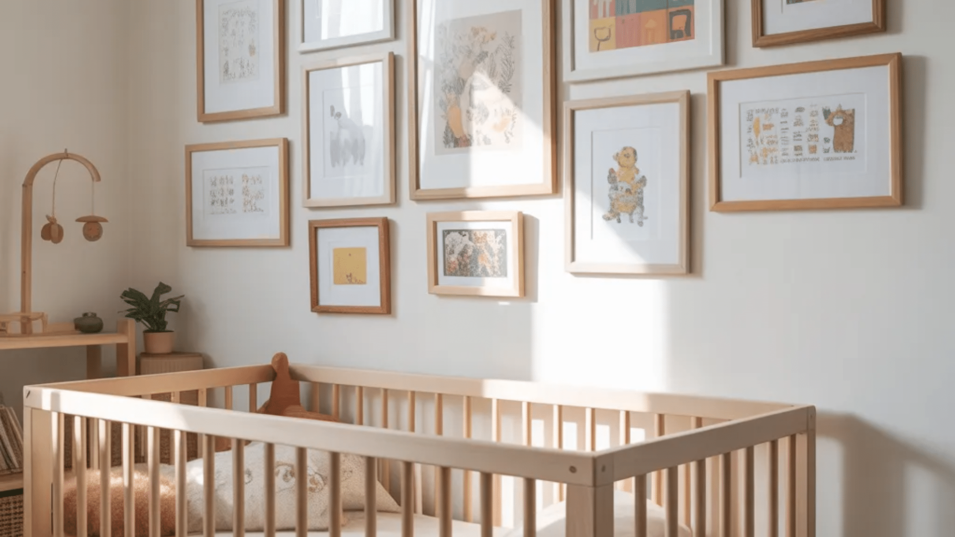 little art gallery nursery ideas with wooden crib framed illustrations