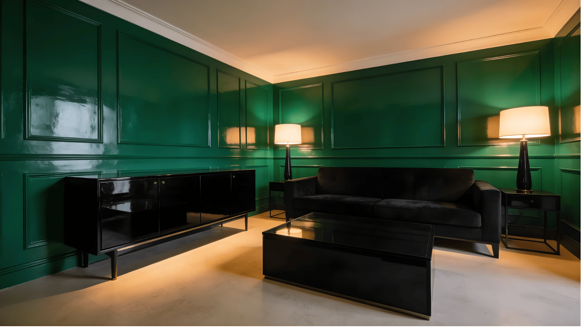 living room with emerald green paneled walls black sofa and warm lamps showing what color goes with emerald green