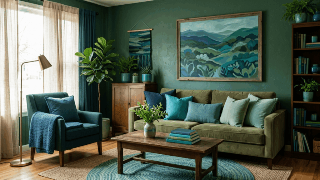 Analogous Color Scheme Room: Easy Design Guide living room with green blue tones furniture decor showing analogous color scheme room design idea