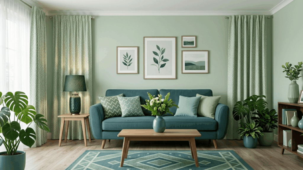 Living room with green and blue tones on sofa, curtains and rug showing analogous color design idea for home