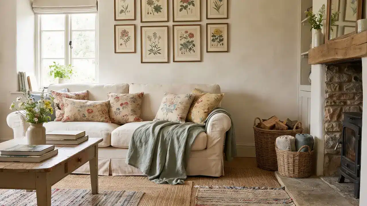 Slipcovered sofa with linen throw, woven baskets, floral cushions, and botanical wall art