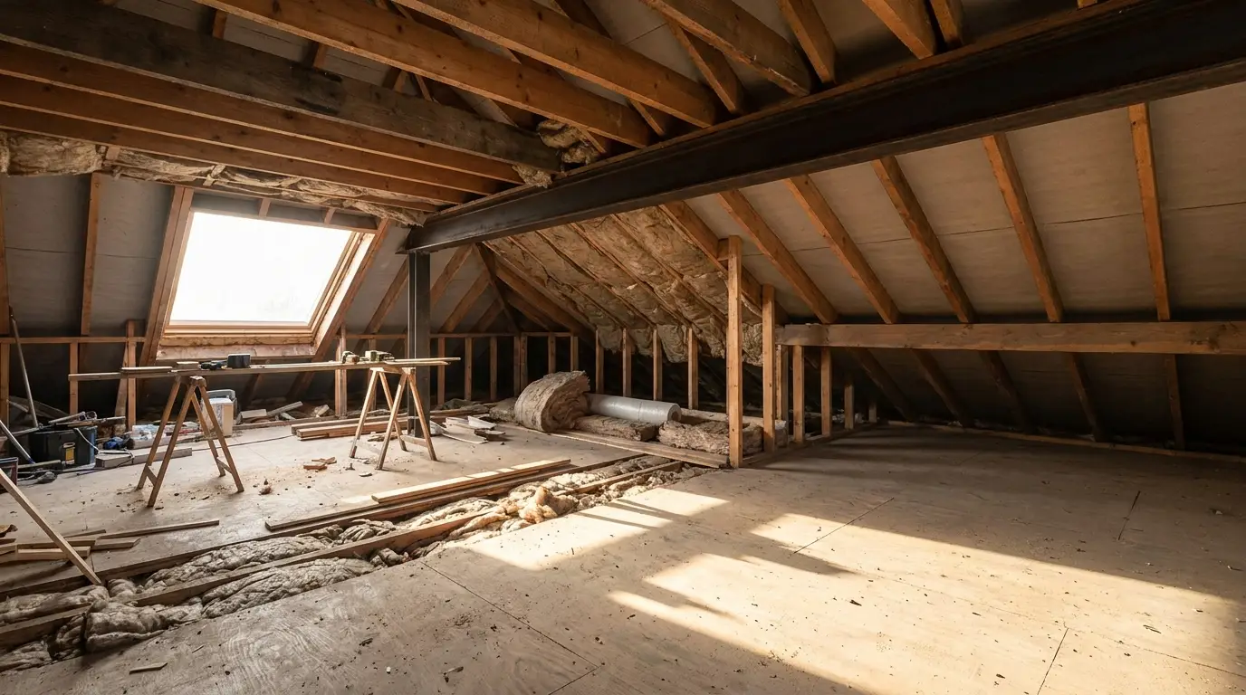 Unfinished attic space with wooden beams and tools on a workbench under natural light