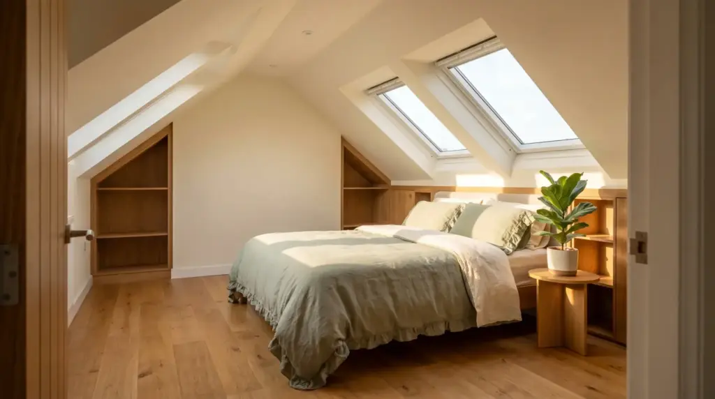 Bright attic bedroom with skylights, beige bedding, wooden floors, and a potted plant on nightstand