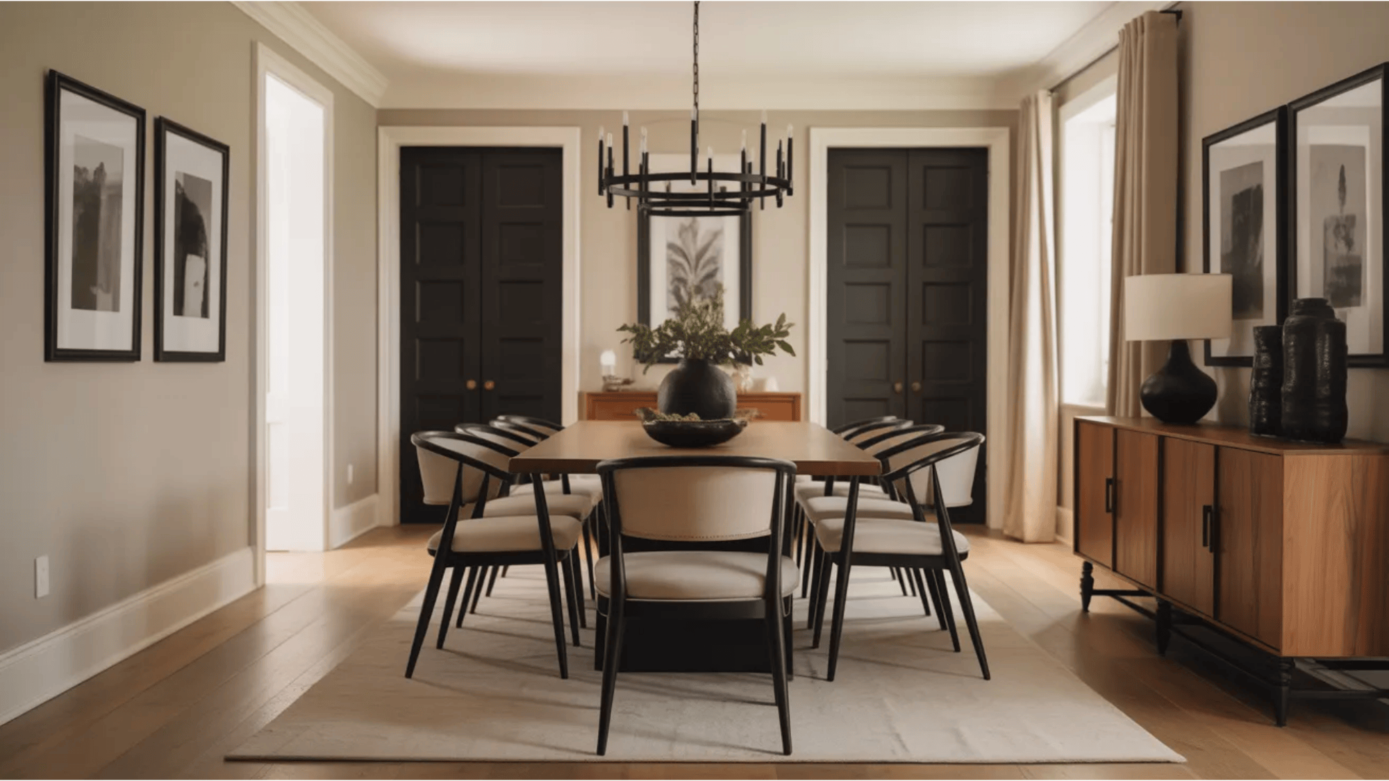 long wooden dining table with black chandelier and upholstered chairs styled in a sophisticated transitional dining room
