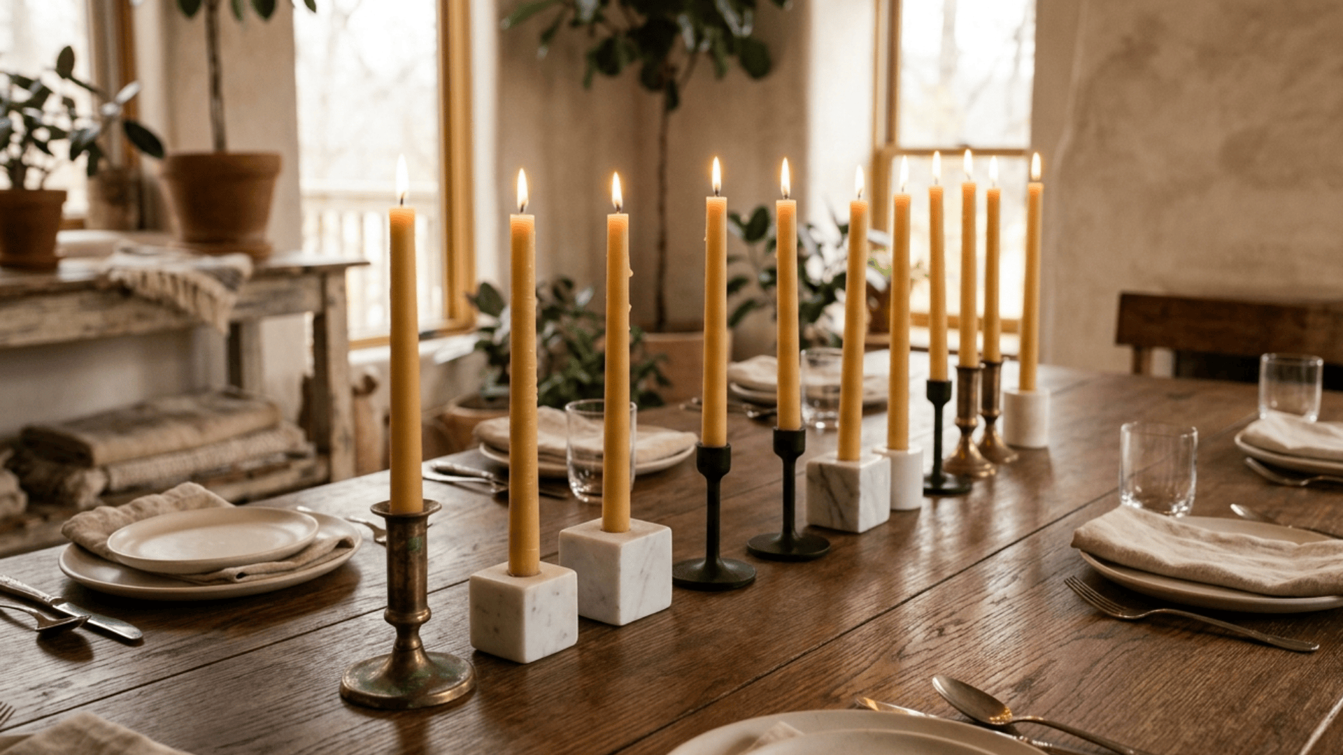 long wooden dining table with taper candles in mixed holders creating a warm and simple centerpiece setup