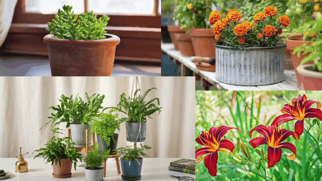low maintenance outdoor plants including succulents marigolds ferns and daylilies in pots and garden spaces