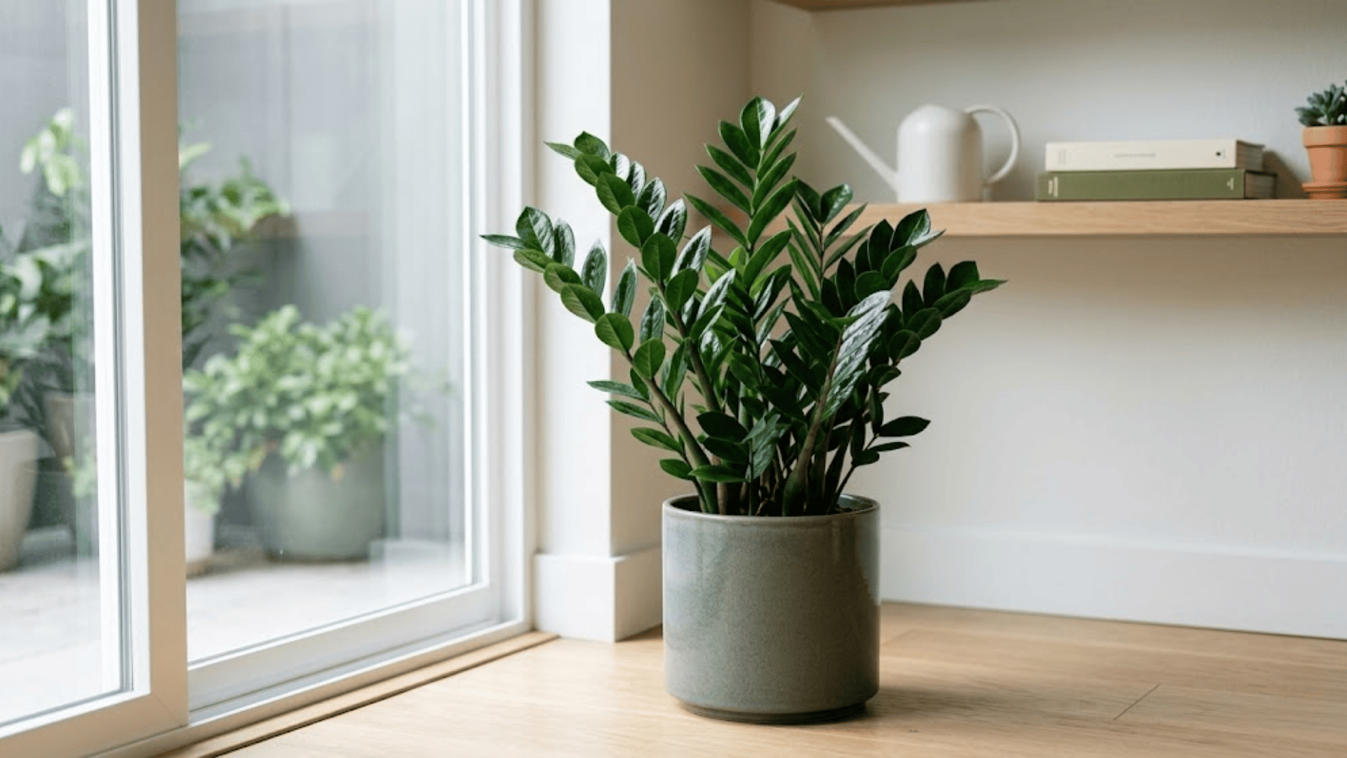 low maintenance outdoor plants with green zz plant in a pot placed near a bright window inside a modern home (1)