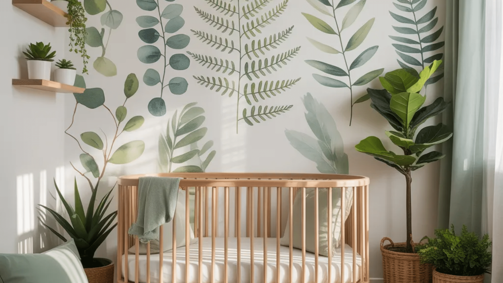 lush botanical nursery ideas with leafy wall mural wooden crib