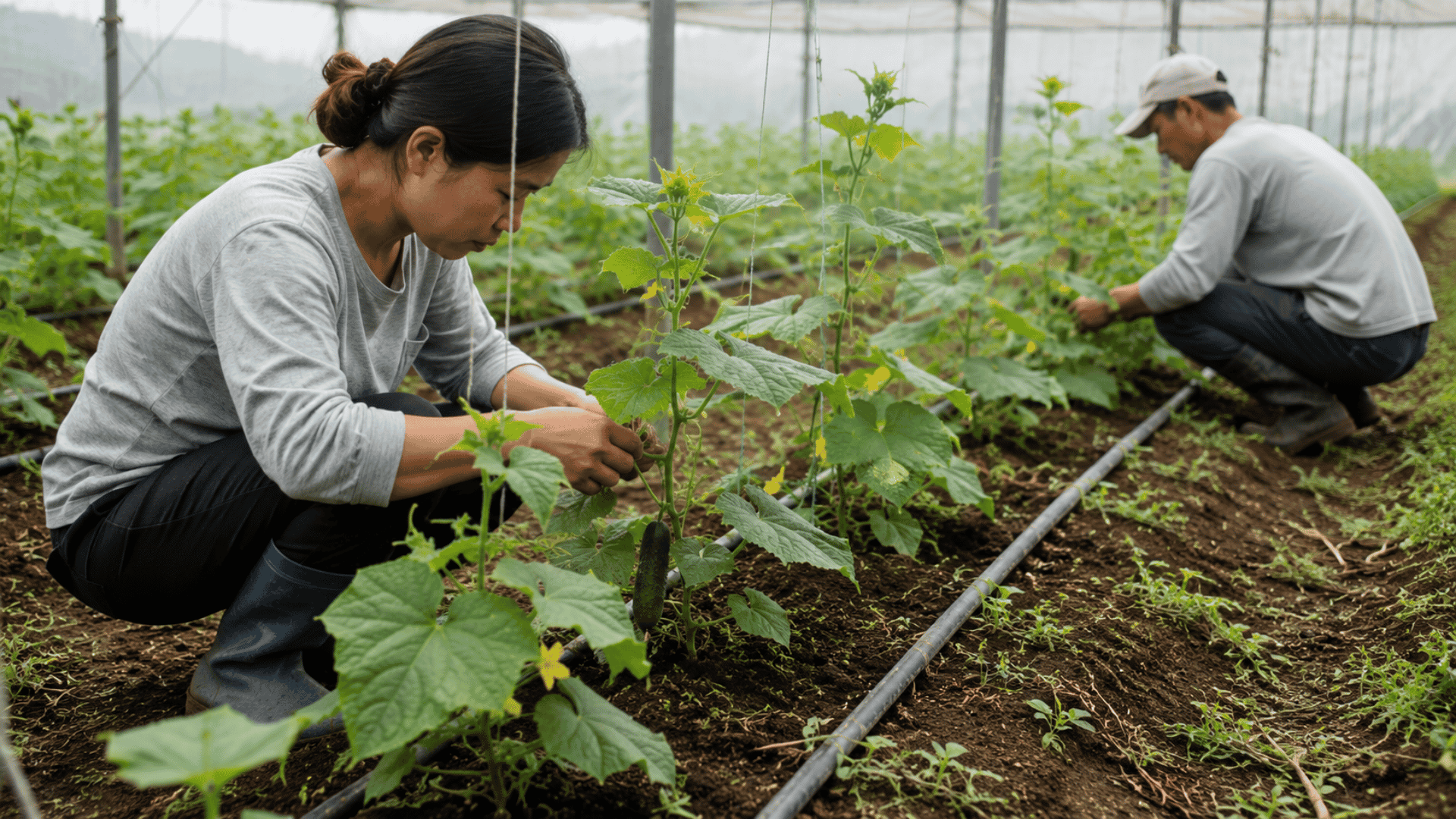 lush cucumber vines growing in long rows across a healthy green farm field under natural daylight