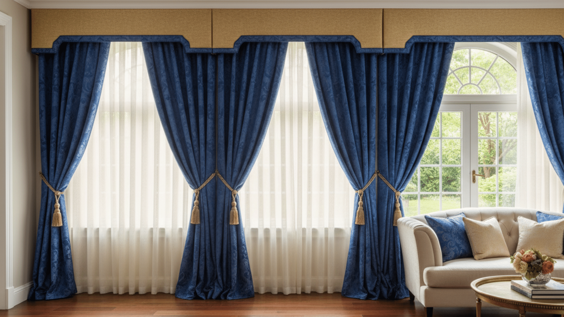 luxury blue curtains with valance and sheer layers