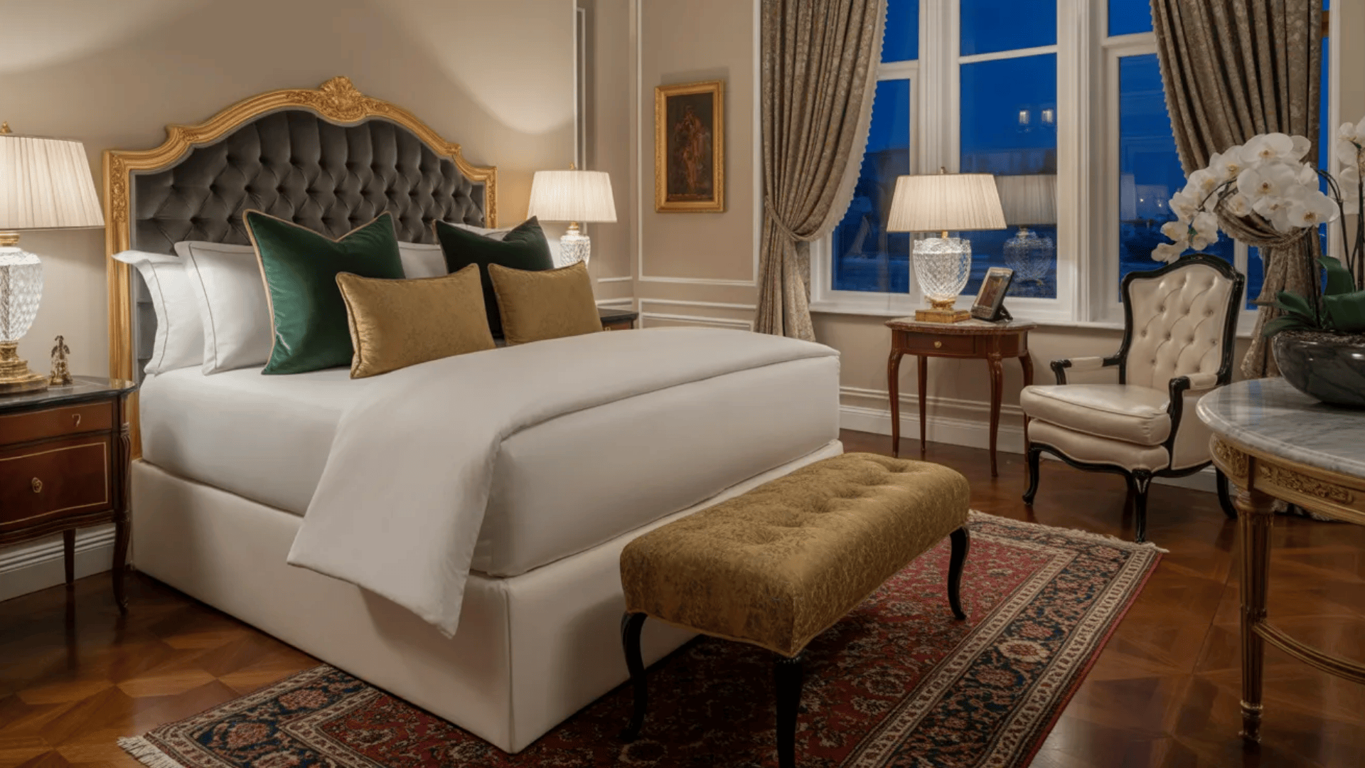 luxury classic bedroom with tufted headboard elegant lamps armchair and rich decor presenting sophisticated spare bedroom ideas for guests