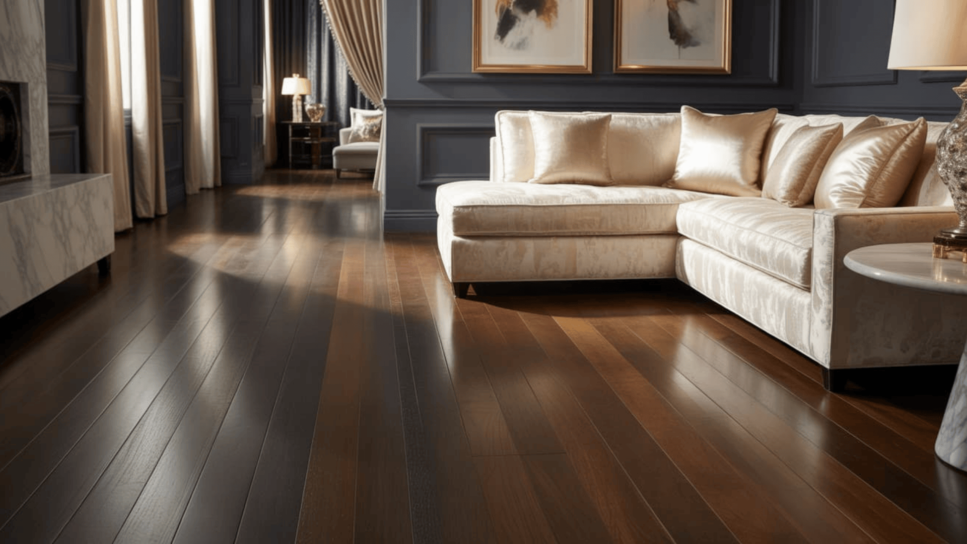 luxury living room with dark wood flooring showcasing popular hardwood floor stain colors beside elegant cream sofa and paneled walls