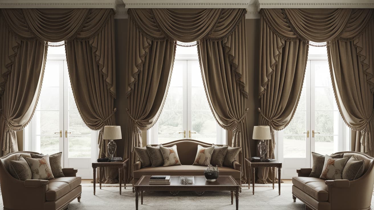 luxury living room with elegant draped curtains framing tall windows showing types of window coverings with sofa table and lamps