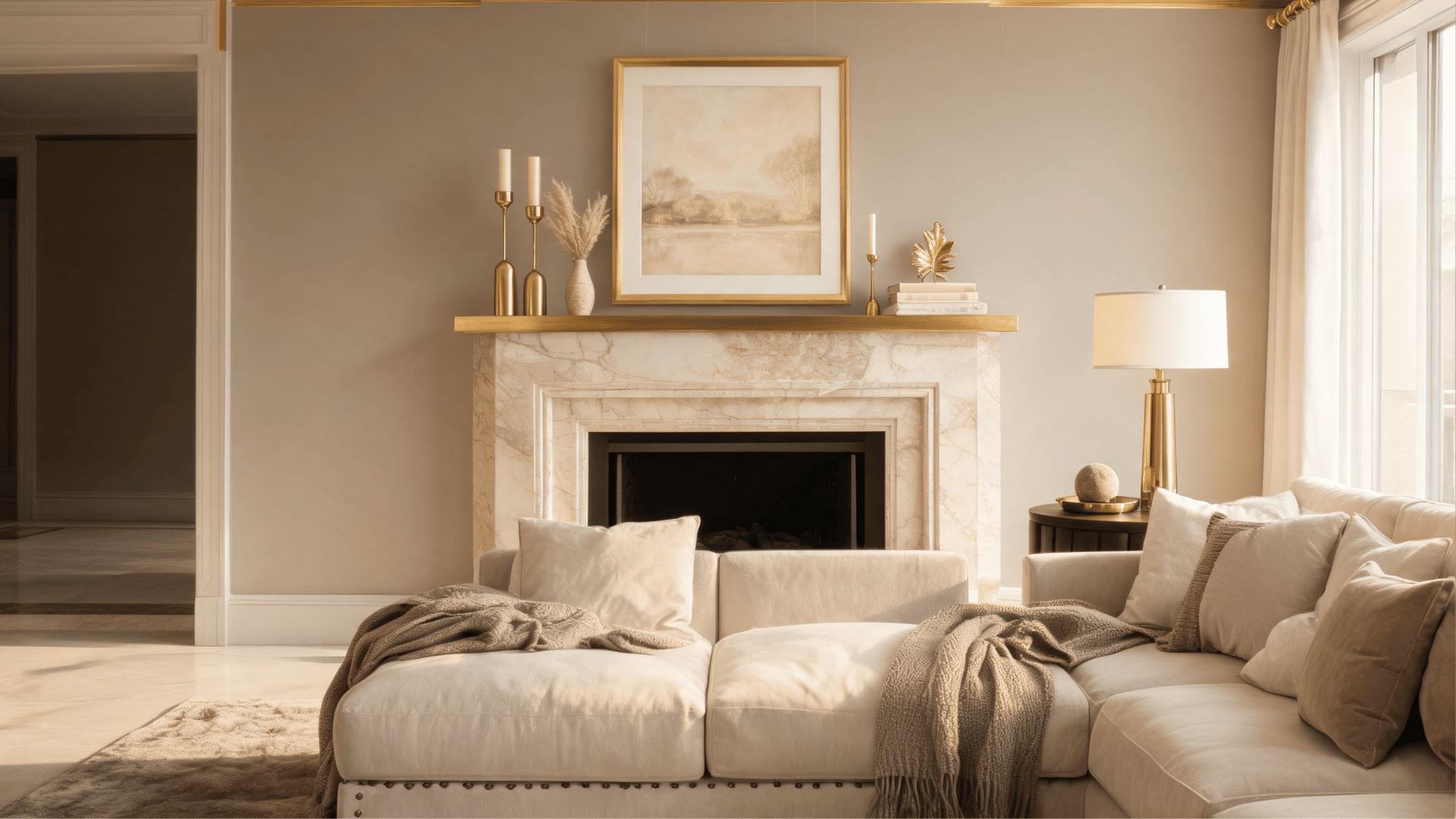 luxury living room with marble fireplace neutral sofa soft lighting and elegant gold accents