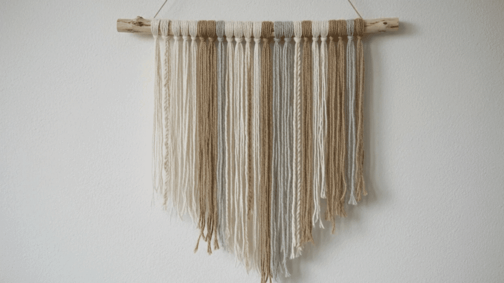 macrame wall hanging with soft neutral threads displayed on plain wall